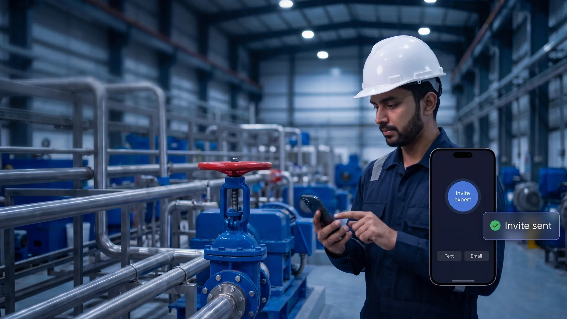 Frontline worker holding up a phone to start a Plutomen Connect call