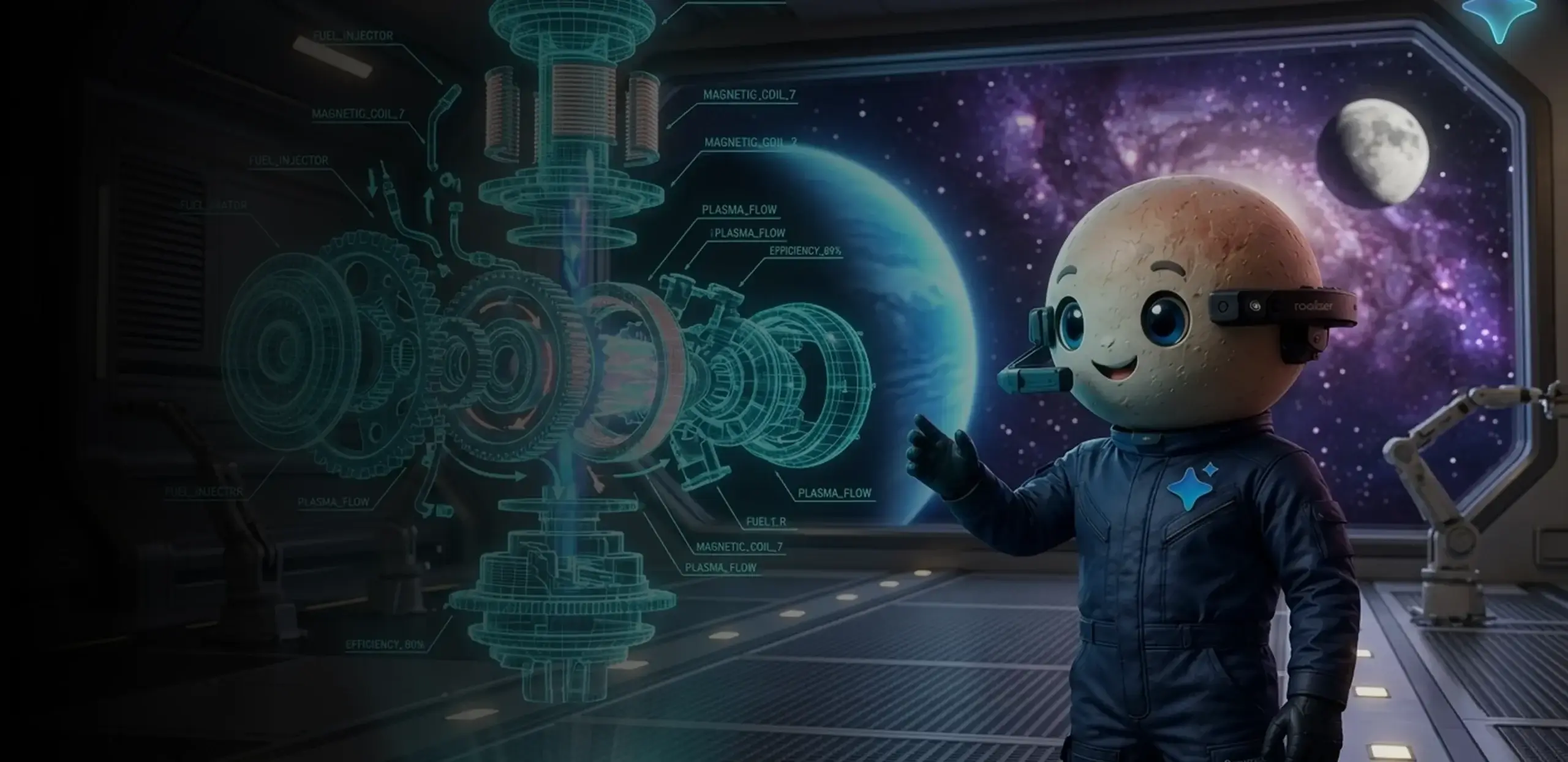 Plutomen mascot in front of a futuristic control screen