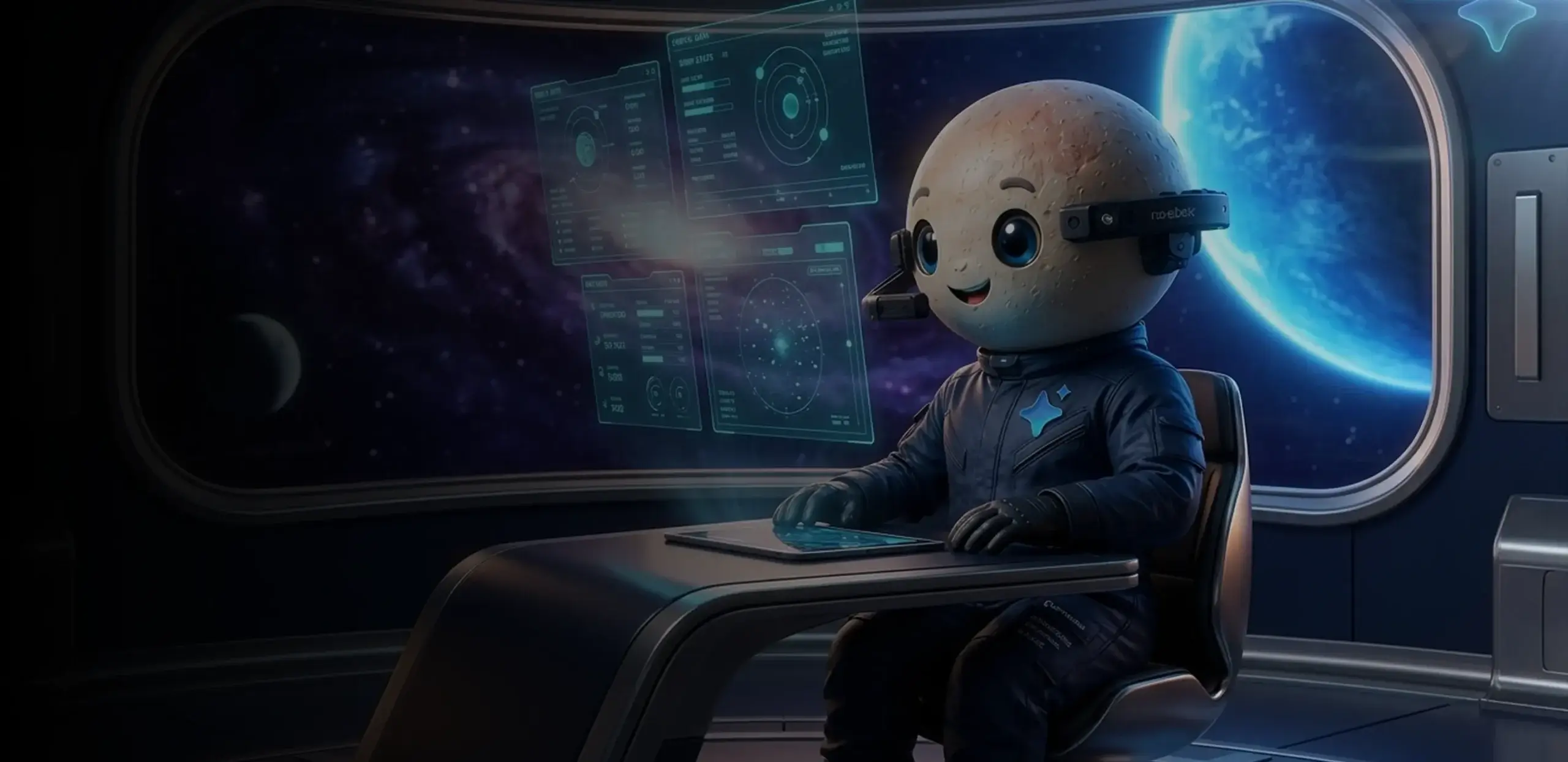 Plutomen mascot at a futuristic workstation